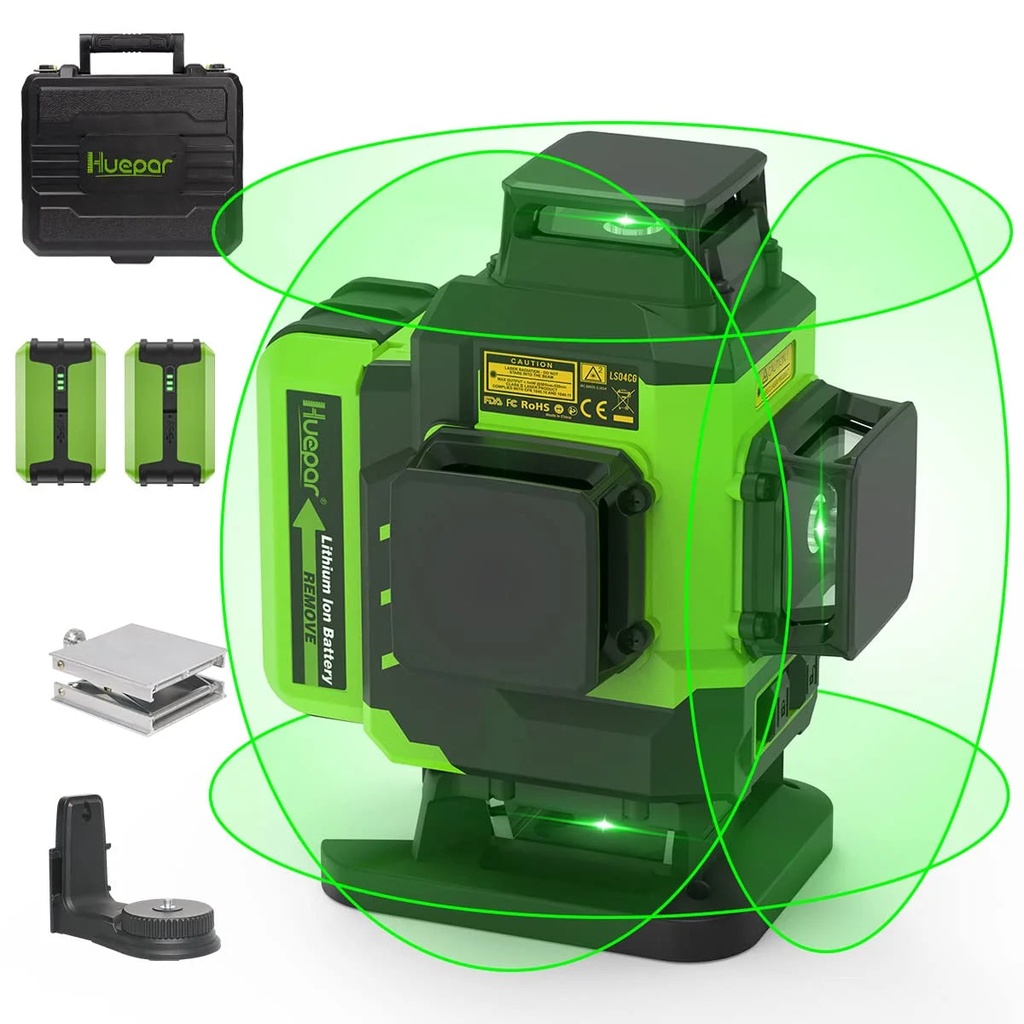 Huepar 4 X 360 Degree 16 Lines Self-Leveling Laser Level 4D Green Beam Cross Line Tiling Floor Laser Leveler Tools with Two Li-Ion Batteries