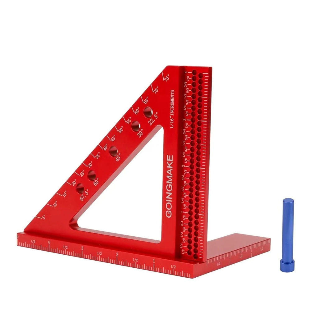 Carpenter Square Hole Position Scribing Ruler 4 X 5 Inch 3D Woodworking Square Multi Angle Measuring Ruler with Quick Angle Pin 0-90 Degree Protractor Layout Measuring Tool Red