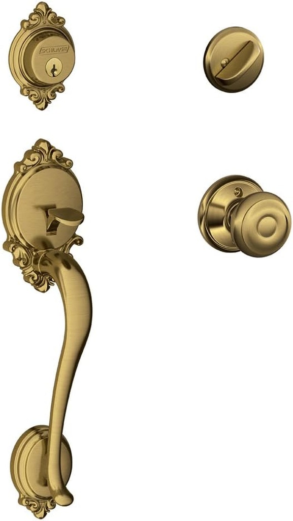 SCHLAGE Brookshire Single Cylinder Handleset and Georgian Knob, Antique Brass (F60 BRK 609 GEO)