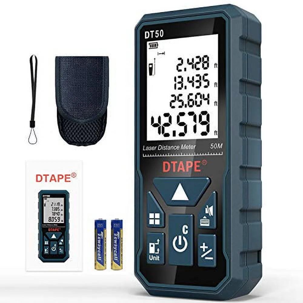 Laser Measure 165Ft, DTAPE DT50 Laser Distance Meter 50M, Portable Hand Held Digital Measure Tool Range Finder, Larger Backlit LCD 4 Line Display IP54 Shockproof