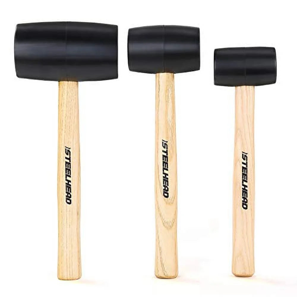 STEELHEAD 3-Piece Wood Handle Rubber Mallet Set | 8Oz, 16Oz & 32Oz Mallets | Lightweight & Durable, Strike-Minimizing Handles