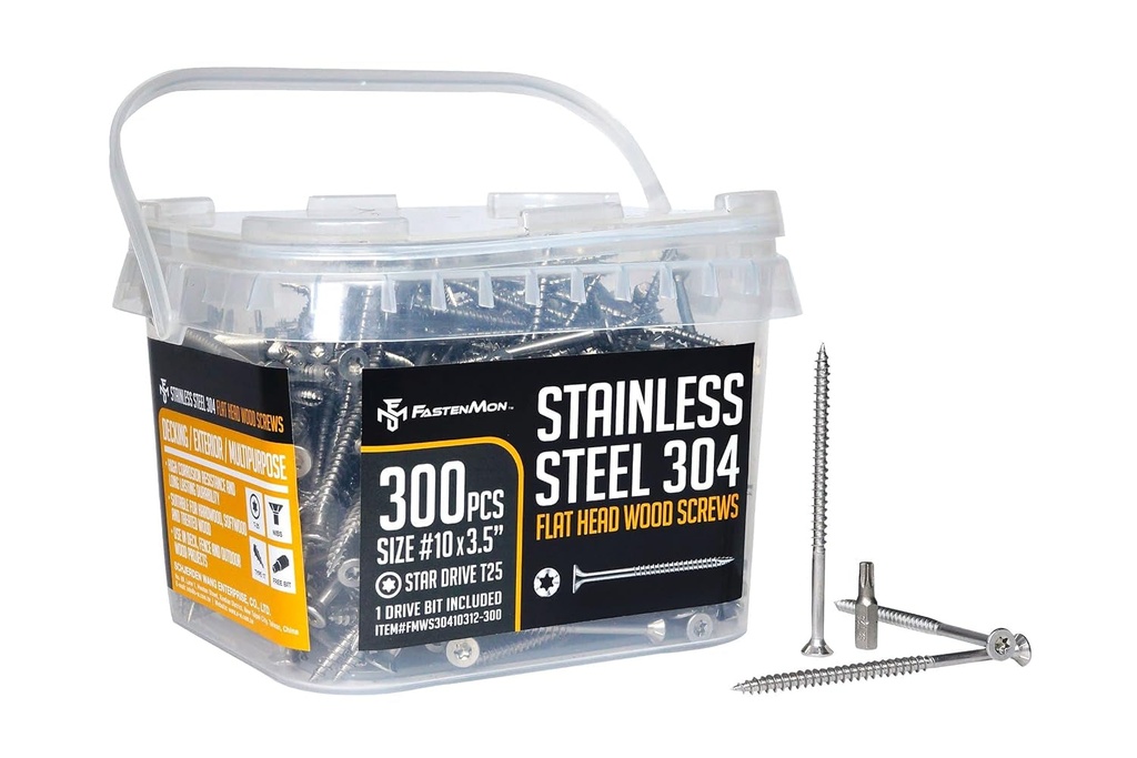 #10 X 3-1/2" (300 PCS) Stainless Steel Deck Screws - 304 Grade with T25 Star Drive Bit - Ideal for Outdoor Wood Projects, Fences, Garden Bench, Picnic Table, and Decks - Bulk Box