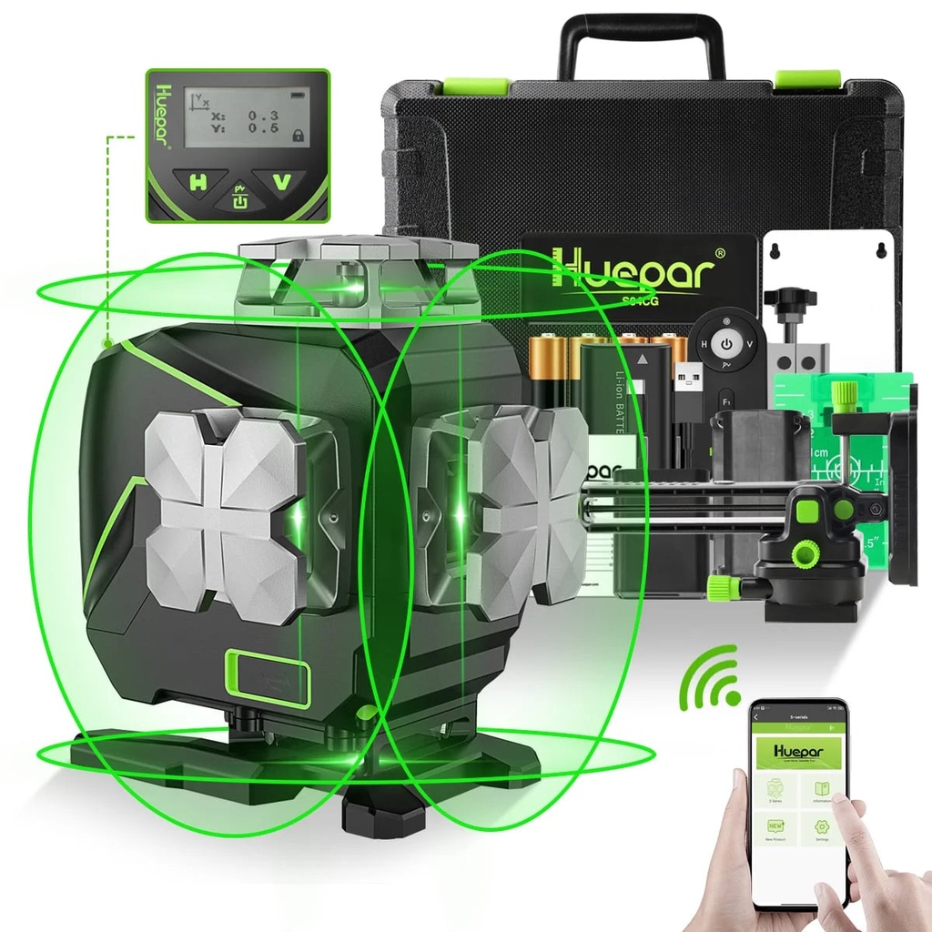 Huepar 4D 16 Lines Cross Line Laser Level 4 X 360 Green Beam Self-Leveling Lasers Level Tools with LCD Screen and Bluetooth