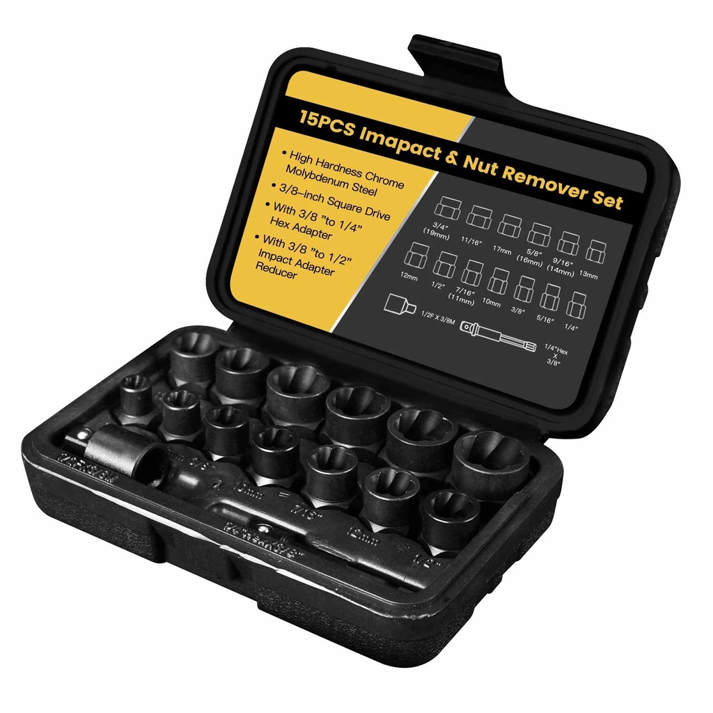 Impact Bolt & Nut Remover Set, 15 Pcs Bolt Extractor Tool Set with 3/8 "To 1/4" Hex Adapter, Cr-Mo Steel
