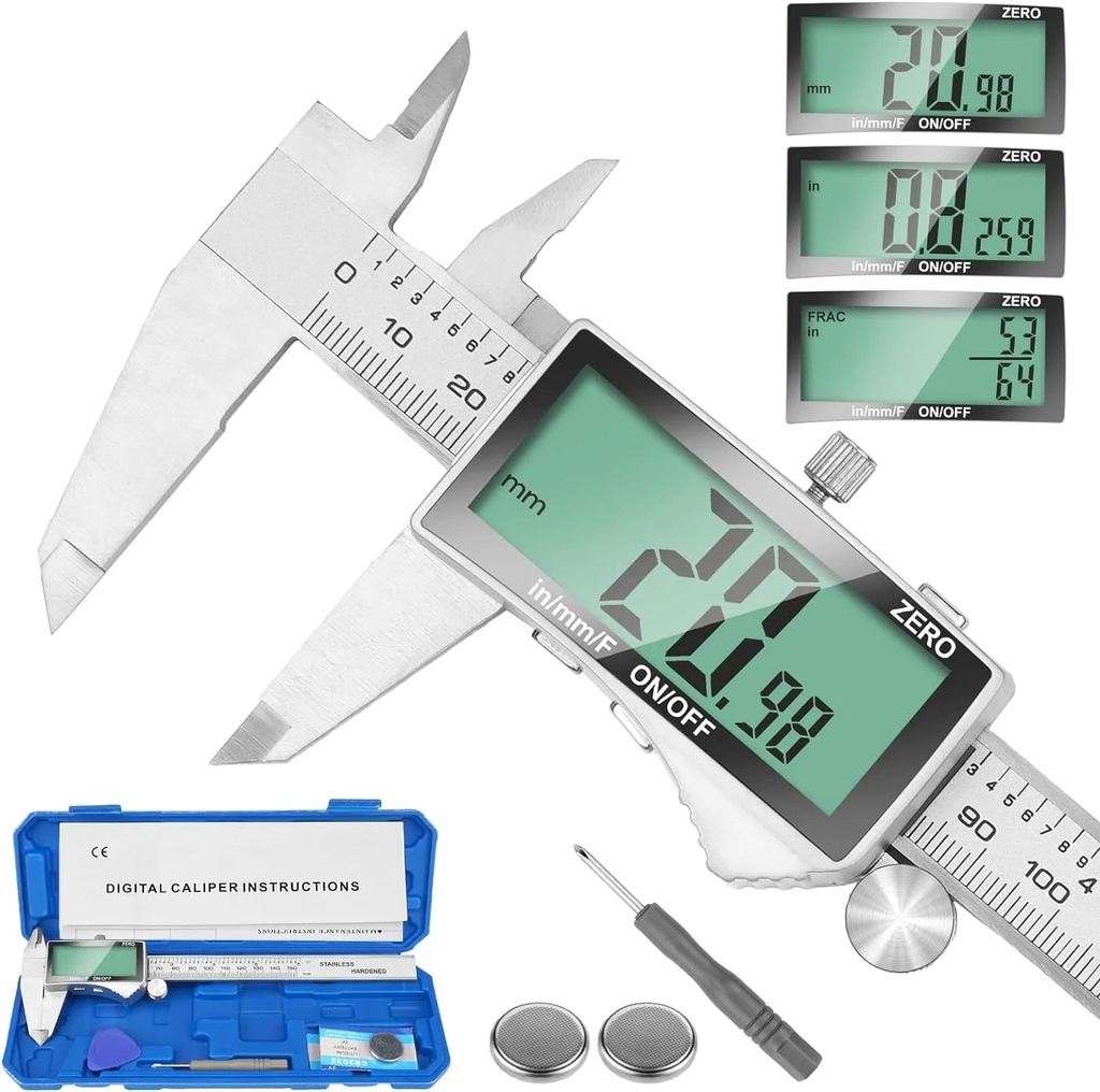 Digital Caliper, 6 Inch Caliper Tool with Extra Large LCD Screen, Auto-Off Feature, Easy Switch from Inch Metric Fraction, Stainless Steel Vernier Caliper Measuring Tool for Diy/Household
