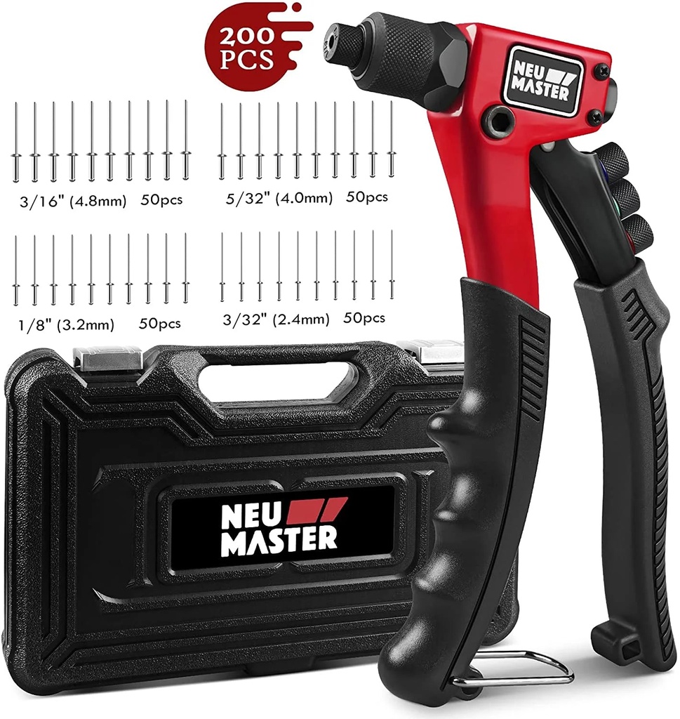NEU MASTER Rivet Gun with 200Pcs Rivets, Manual Rivet Gun Kit with 4 Tool-Free Interchangeable Rivet Heads, BMC Case, Heavy Duty Single Hand Riveter for Plastic, Metal, Leather.