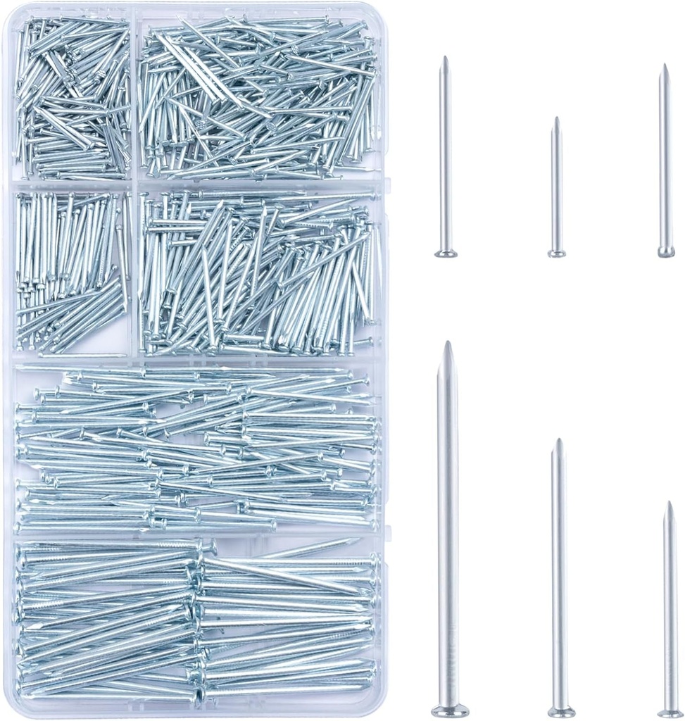 KURUI 700Pcs Hardware Nails for Hanging Pictures Assorted Kit, up to 2"-Long Picture Hanging Nails for Wall Drywall Wood, Finish Nails Assortment Kit, 640 Frame Nails and 60 Small Finishing Nails