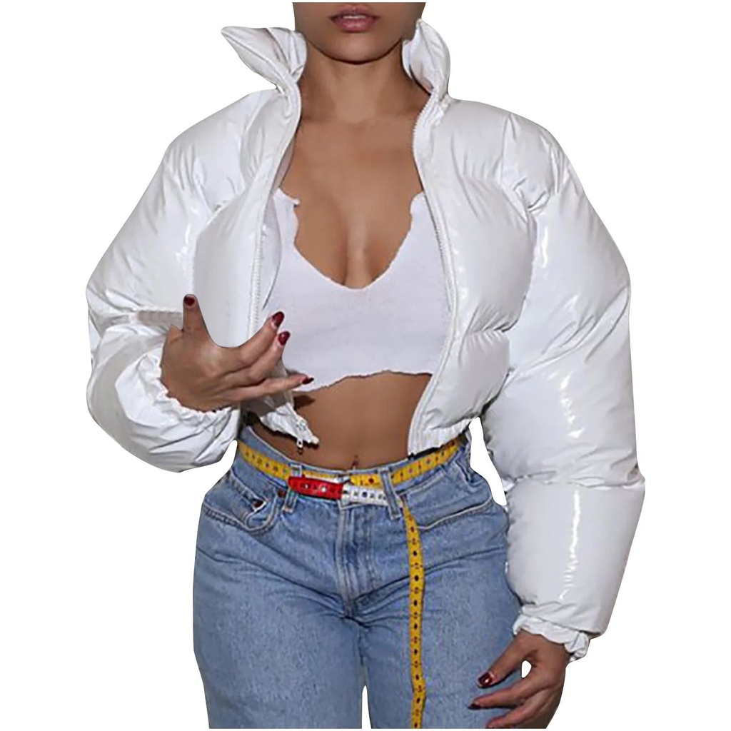 Lovskoo 2024 Womens Winter Coats Quilted Jacket Long Sleeve Sexy Bright Color Short Cotton Padded Coat White