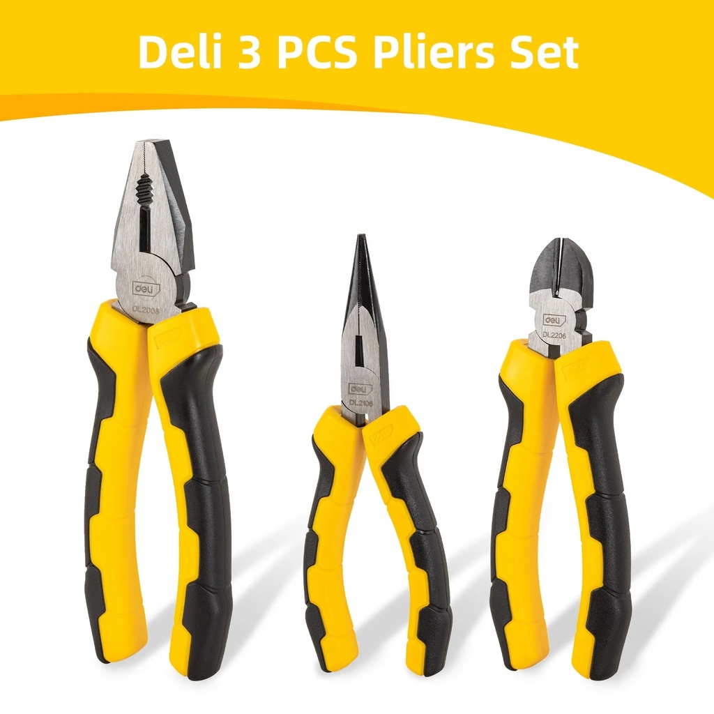 Deli 3 PCS Pliers Set, Heavy-Duty Steel German Pliers Tool Set,8" Linesman Pliers, 6" Needle Nose Pliers, 6" Diagonal Cutting Pliers for Basic Repair,Yellow&Black