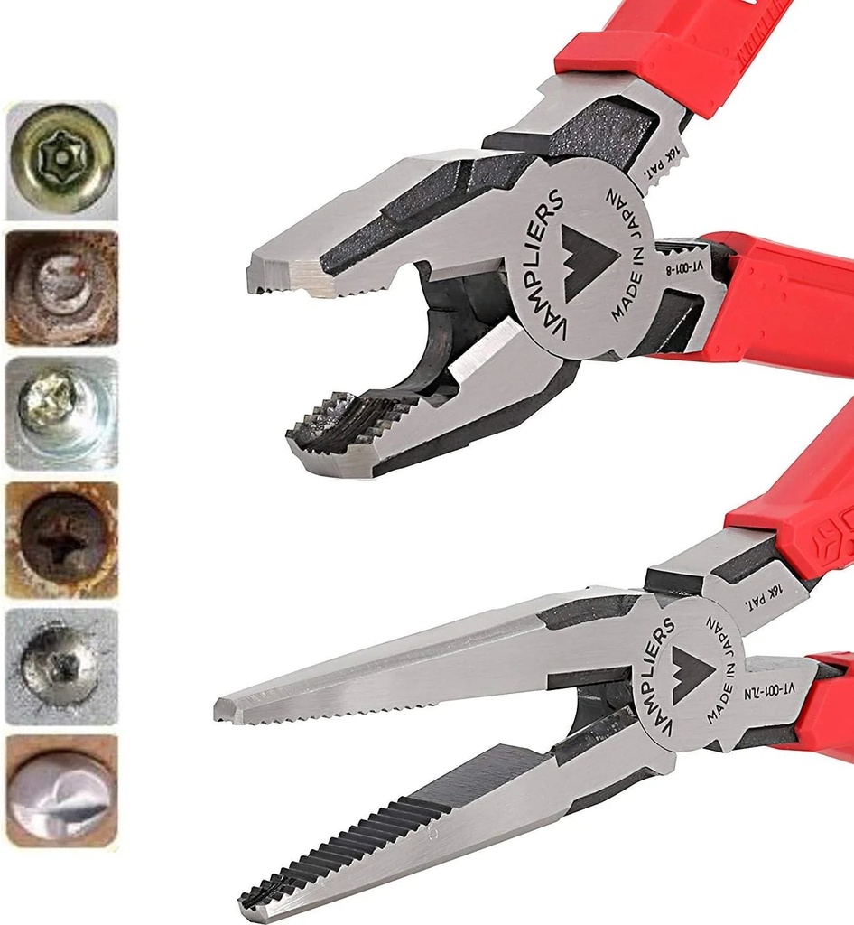Extractor Pliers Set: 7.5” Long Nose + 8" Heavy Duty Linesman Pliers. High Carbon Steel. Great for Removing Stripped/Rusted/Damaged/Security S. Made in Japan.