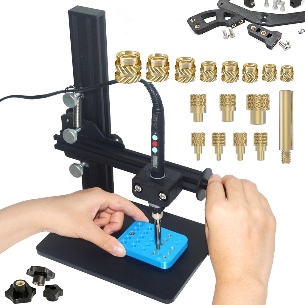 Vertical Heat Press Machine-Heat Set Insert Tools with 370Pcs Threaded Inserts and Heat Set Tips M2/M2.5/M3/M4/M5/M6(1/4)/M8 Add Brass Nuts for Threaded Inserts for Plastic and 3D Printing Components