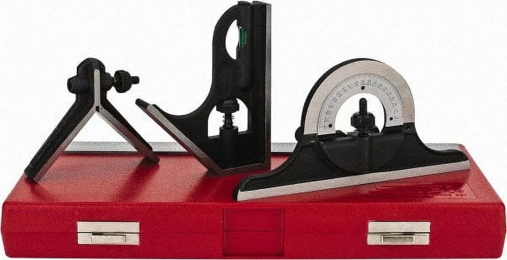 SPI 4 Piece, 12" Combination Square Set 1/16, 1/32, 1/64 & 1/8" (4R) Graduation, Hardened Steel Blade, Cast Iron Center, Protractor & Square Head