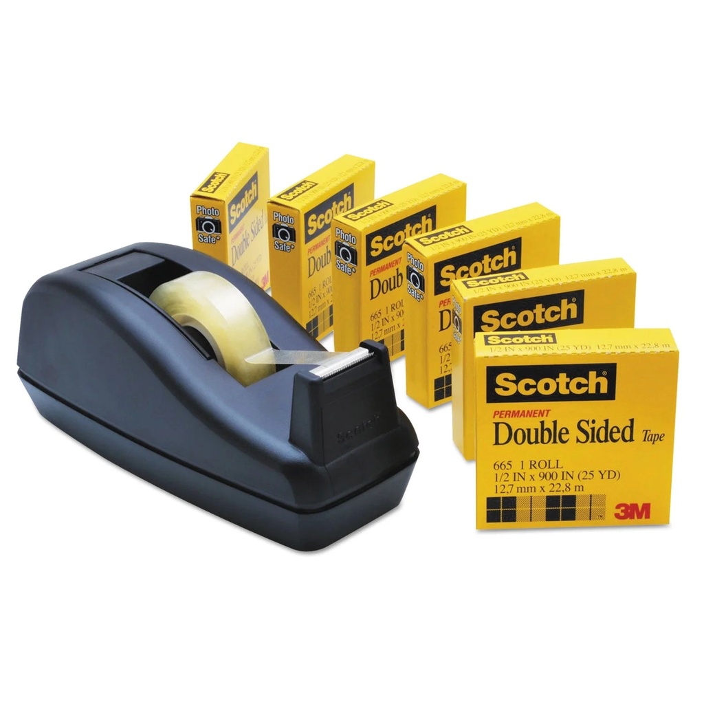 1PACK 3M Scotch® 665 Double-Sided Tape with C40 Dispenser, 1/2" X 900", 6 Clear Rolls