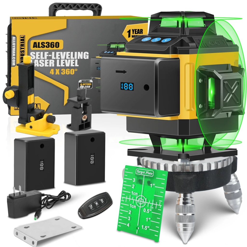 Alloyman 16 Lines Laser Level, Self Leveling 4X360° Green Laser Level with 2Pcs Rechargeable Lithium Batteries/Wall Mount/Remote Control for Indoor and Outdoor Building Renovation Work
