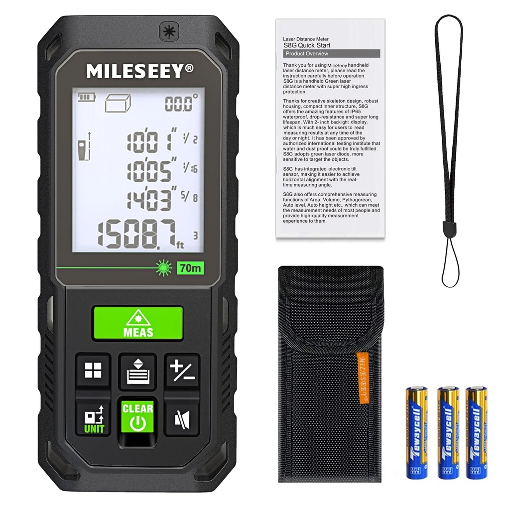 Mileseey S8GA Laser Measuring Tool Green Beam 230 Ft, Green Light Laser Tape Measure with Angle Sensor, IP65, Pythagorean, Distance, Area, Volume Measuring, ±1/16In Accuracy