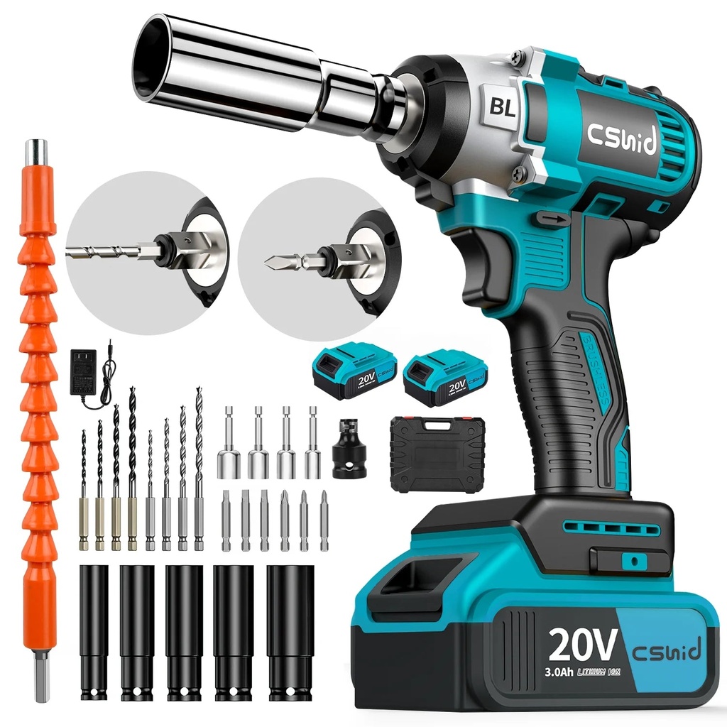 Power Cordless Impact Wrench 1/2", 20V Impact Brushless Motor with 2 X 3.0A Batteries, 2-Mode Speed & Max Torque 280 Ft Lbs (380N.M), Power Impact Wrench with 5 Sockets,8 Drill,6 Screws for Home Car