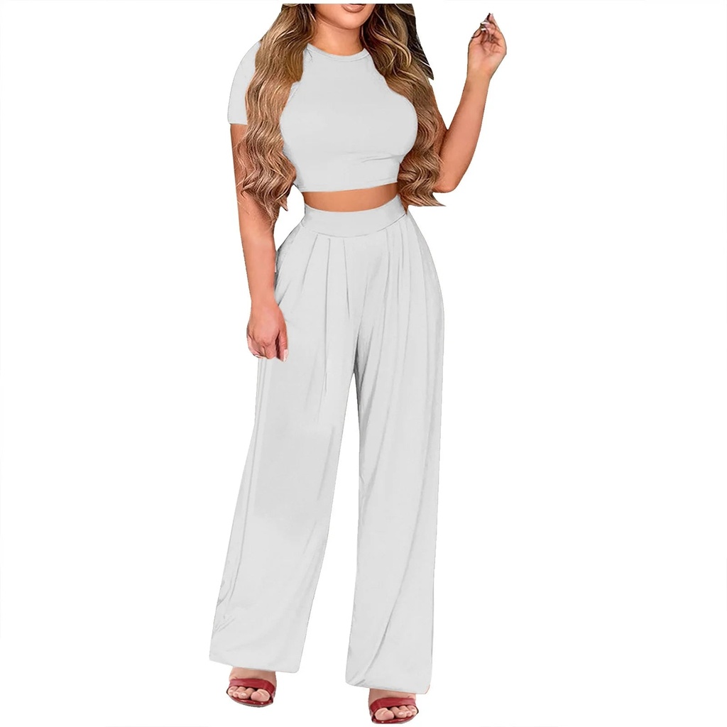 Pejock Womens 2 Piece Outfits Lounge Matching Sets Women Casual Summer Solid Color round Neck Short Sleeve Tops and Long Pants Suit 2023 Cotton Linen Vacation Sets Oversized 2 Piece Outfits Sweatsuits