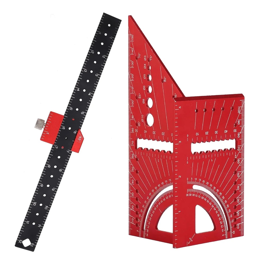 HAODE 3D Multi-Angle Measuring Ruler and Slide Ruler, 45/90 Degree High Precision Aluminum Construction Layout Square Angle Gauge Protractors, Multifunctional Woodworking Carpenter Square Tool Set