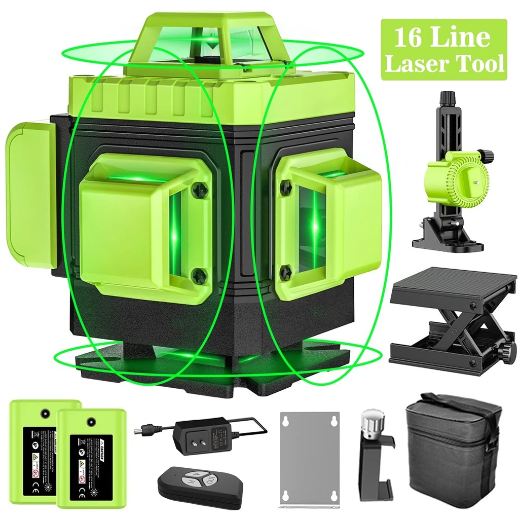 Laser Level Self Leveling,Hdj 16 Lines 4X360° Laser Level Tool,4D Green Cross Horizontal Vertical Laser Tool with Remote Control and 2PCS 2400Mah Battery