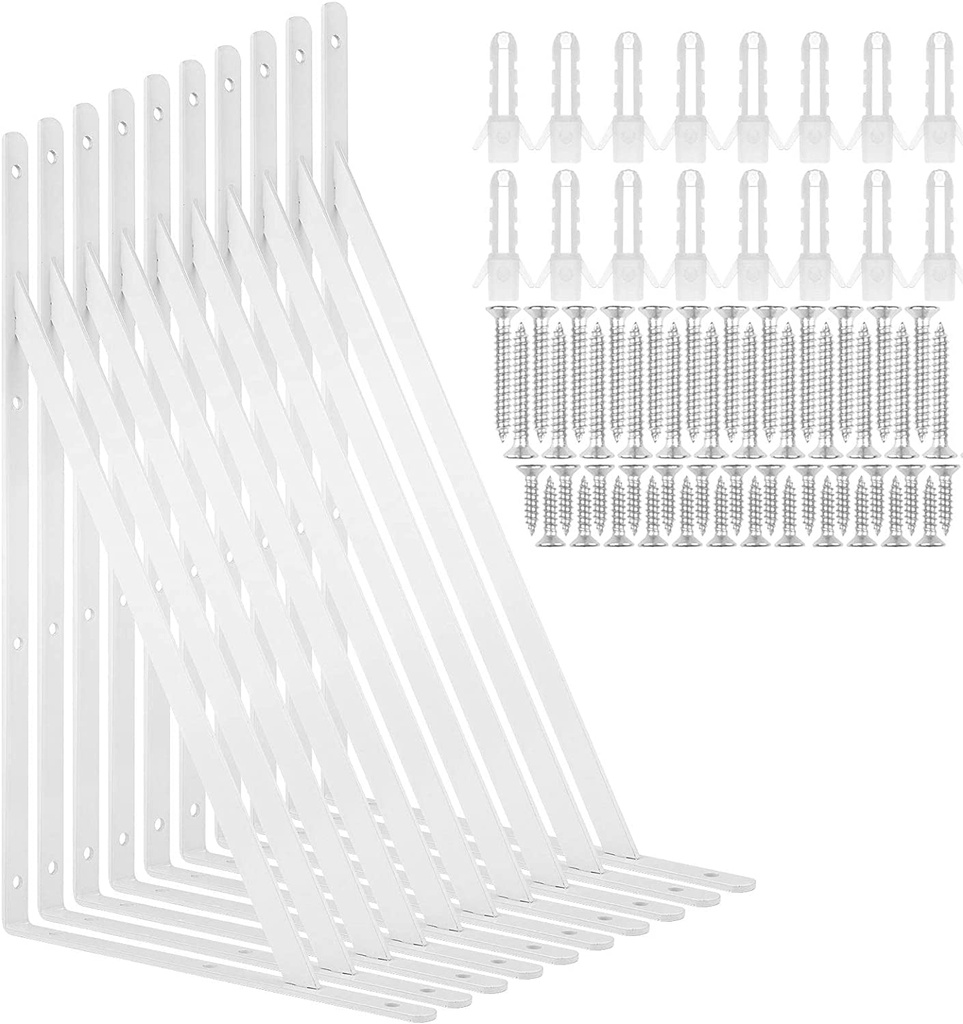 10 Pack 16 Inch Shelf Brackets Heavy Duty Right Angle Bracket Triangle Shelf Brackets Steel Floating Shelf Bracket, Hanging Iron Shelving Wall Angel Corner Brace, White