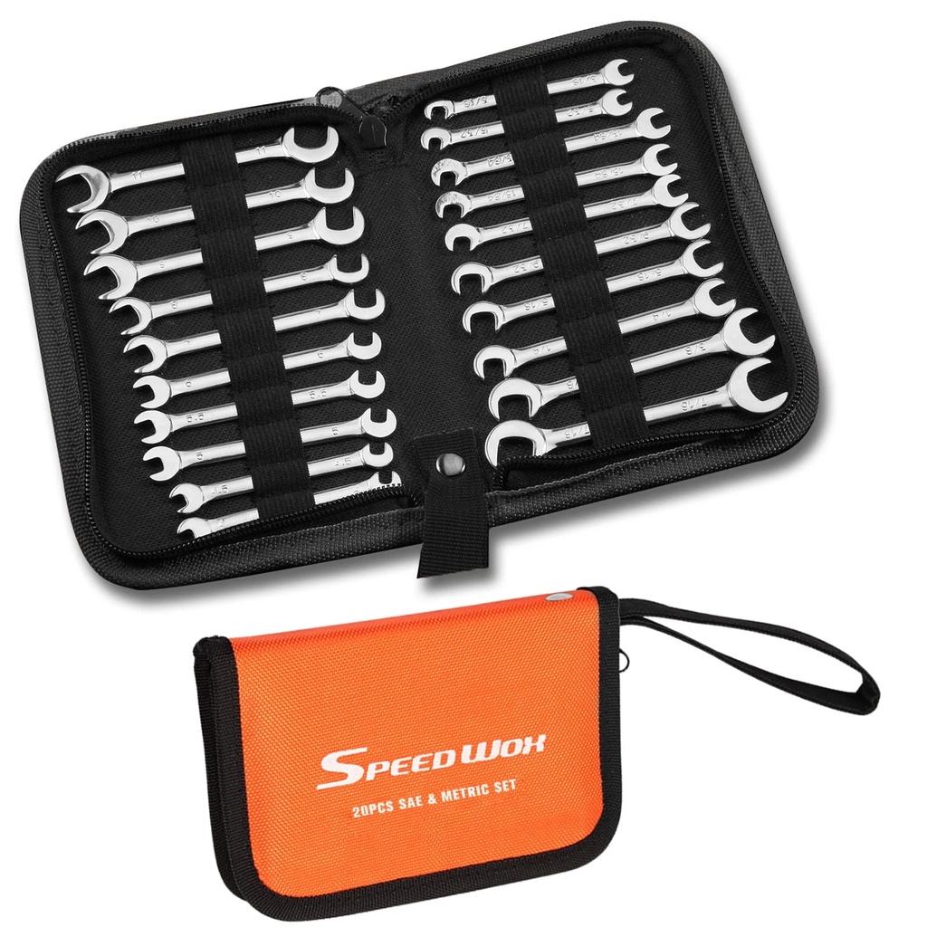 SPEEDWOX Mini Double Open End Wrench Set Metric SAE 4Mm-11Mm & 5/32"-7/16" 20Pcs Super-Thin Angle Head Open End Wrench Set Mini Double Open End Spanner Wrench with Storage Pouch