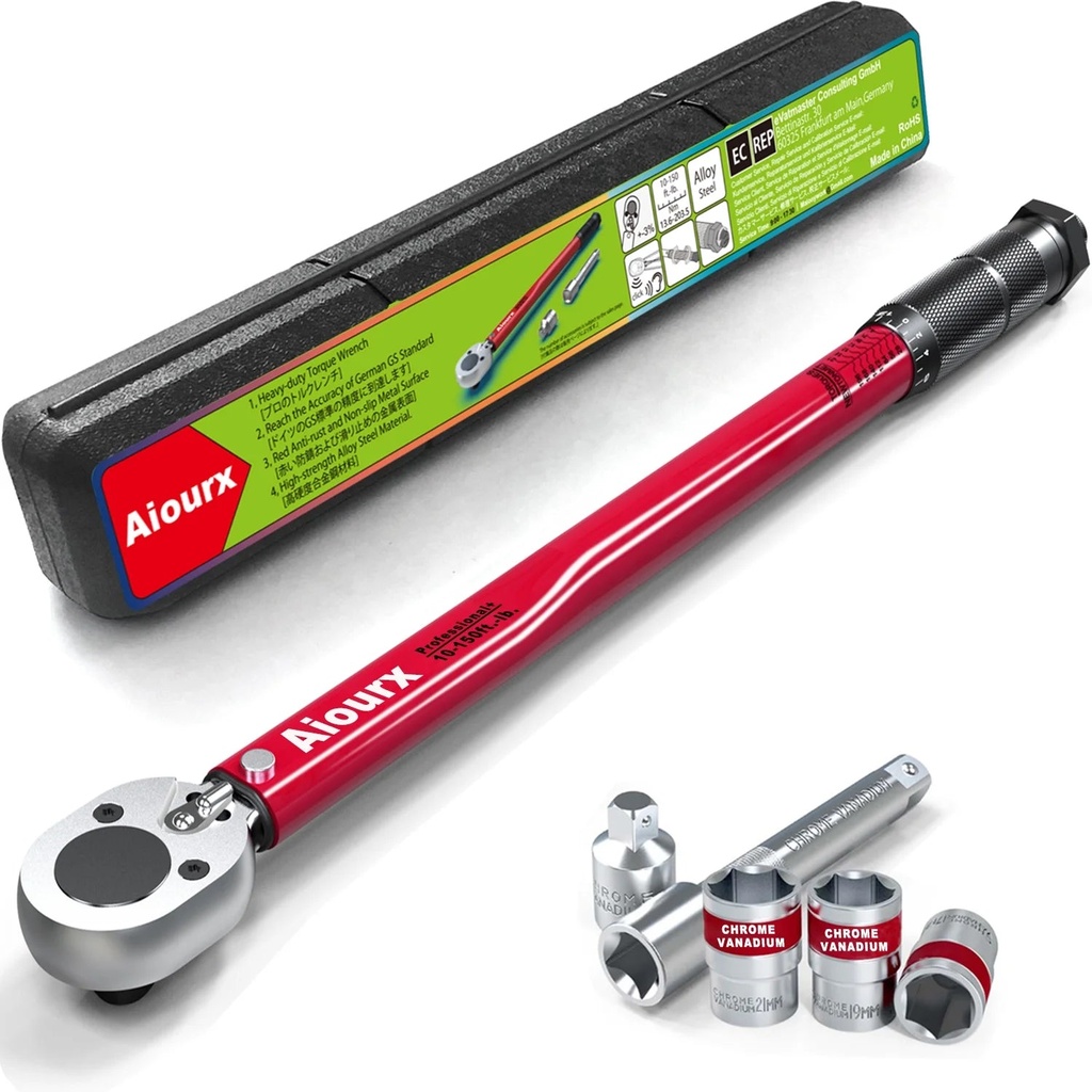 1/2 Inch Drive Click Torque Wrench Set 8 - 168 Ft.-Lb. / 10.8 - 227.8 Nm 6 Piece Red