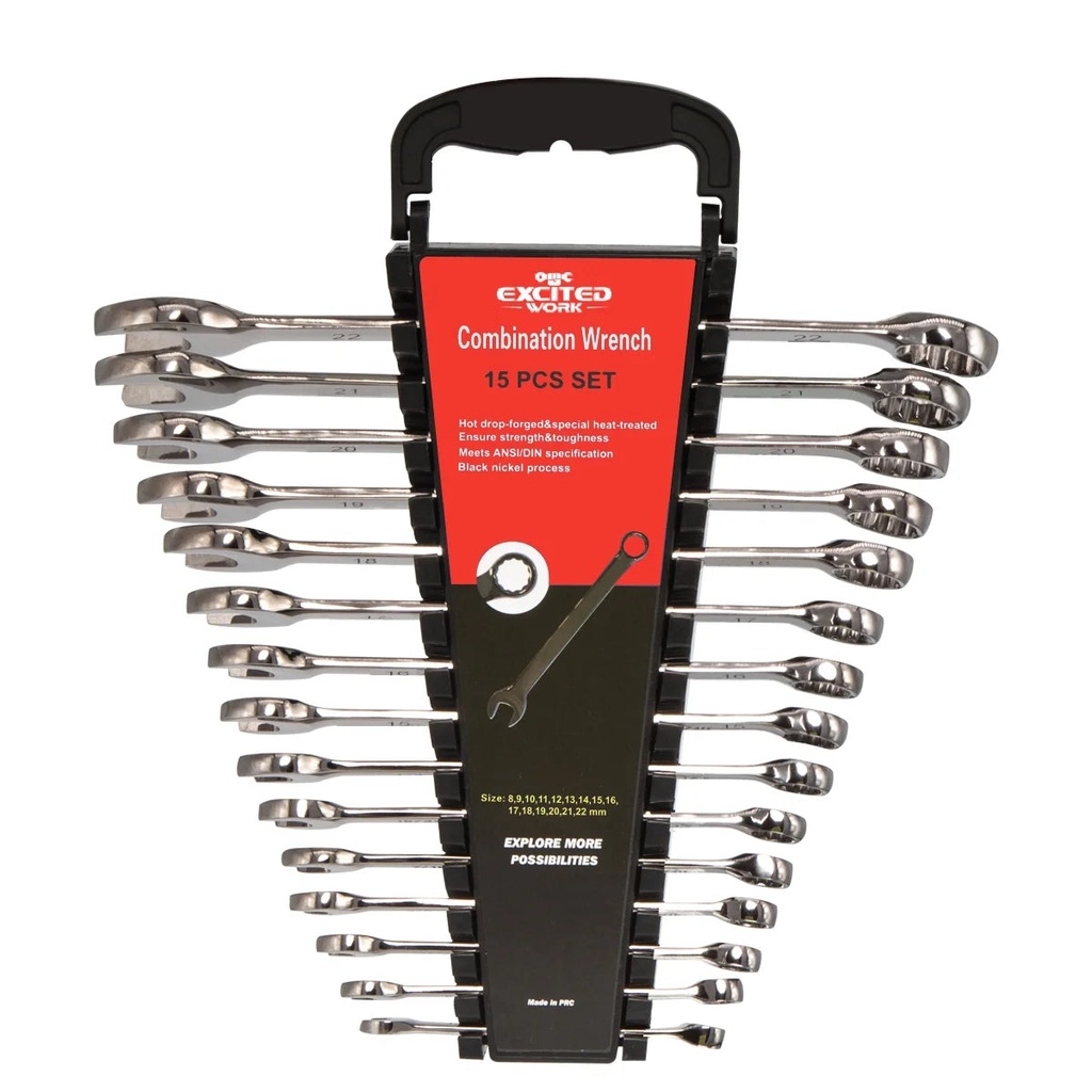 EXCITED WORK 15 Pcs Set of Advanced Combination Wrenches, Black Nickel Process and Cr-V Steel Material, Metric 8-22Mm, 12 Angle, Installed in Wrench Bracket