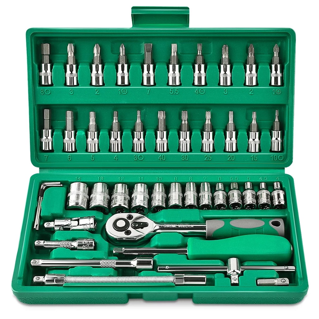 GOXAWEE 46 Pieces 1/4 Inch Drive Socket Ratchet Wrench Set, with Bit Socket Set Metric and Extension Bar for Auto Repairing and Household, Green
