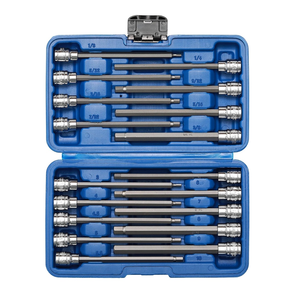 CASOMAN 18-Piece 3/8 Inch Drive Long Hex Bit Socket Set, 1/8 "- 3/8 ", 3Mm - 10Mm, SAE & Metric, Extra Long Allen Hex Bit Socket Set, CR-V and S2 Steel
