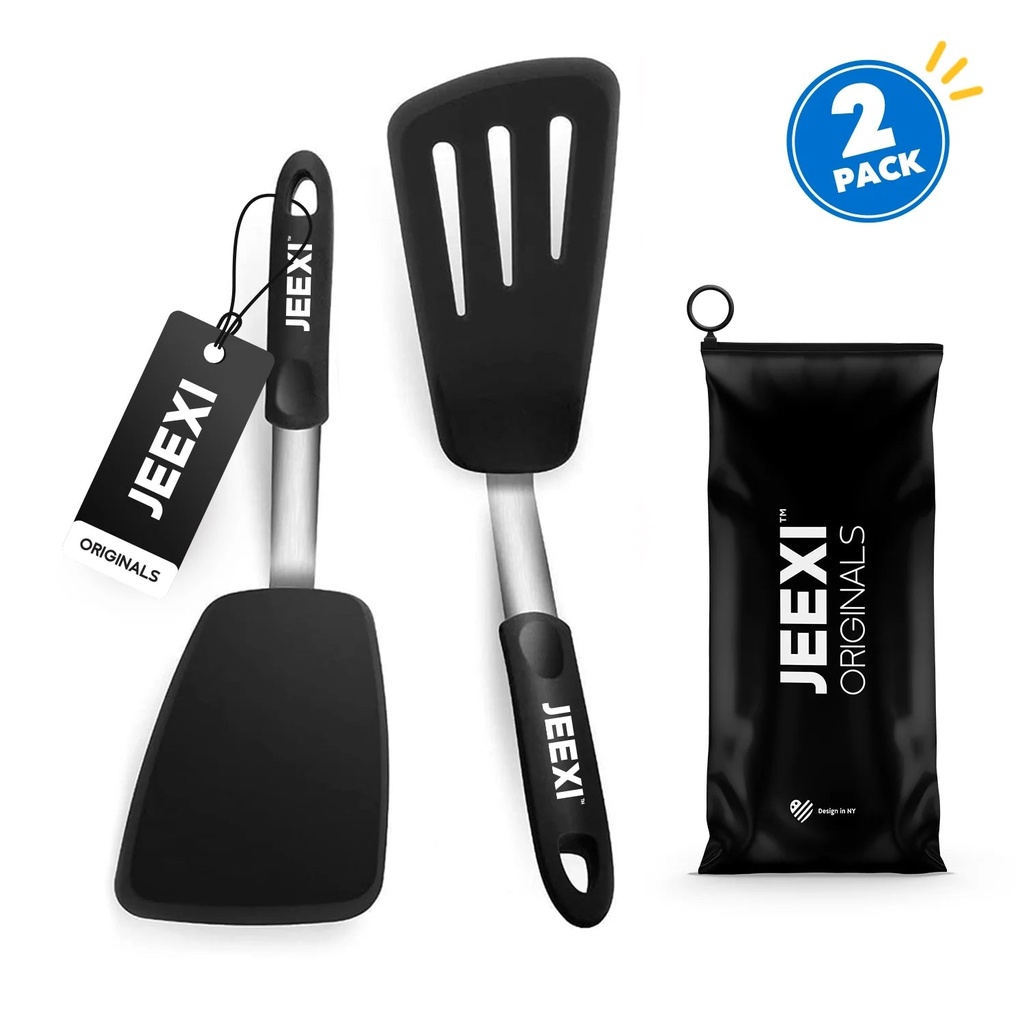 Jeexi Silicone Spatula Set, 2 Flexible Turners for Non-Stick Cookware, Heat Resistant Kitchen Spatulas Pack, Cooking, Frying and Flipping Utensils Non Scratch or Melting Flippers