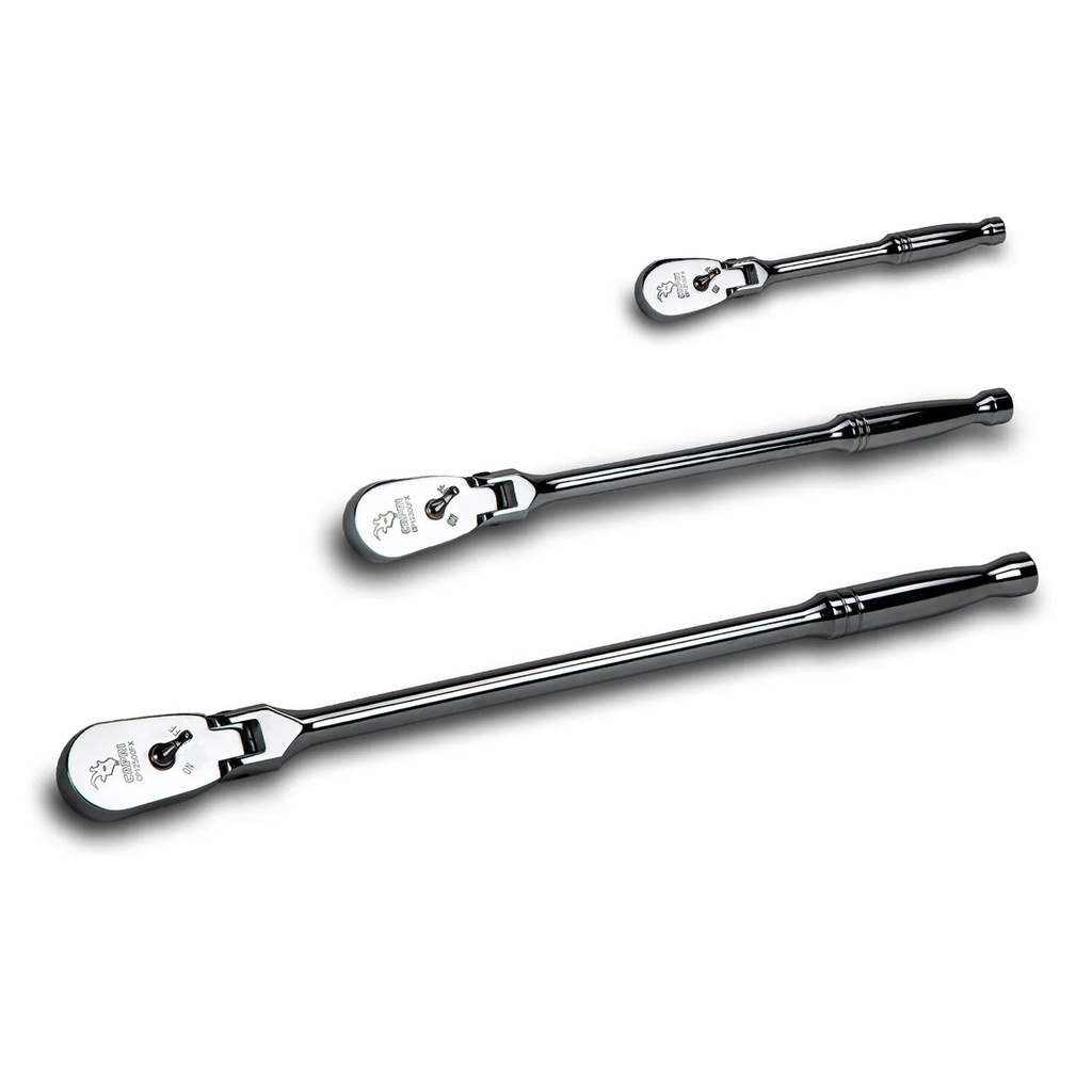 Capri Tools Low Profile Flex-Head Ratchets Set, 1/4 In, 3/8 In. and 1/2 In. Drive, True 72-Tooth, 5 Degree Swing Arc, 180-Degree Flex-Head