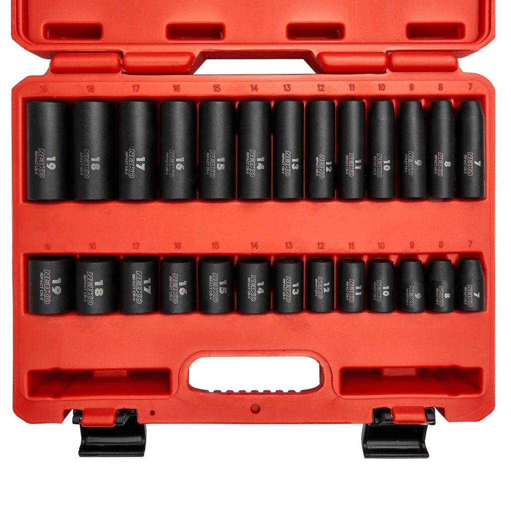 NEIKO 02433A 3/8” Drive Standard and Deep Metric Impact Socket Set | 26 Pieces | Metric 7Mm to 19Mm | Premium Cr-V Steel | 6-Point Hex Design | Corrosion Resistant Black Phosphate Coating