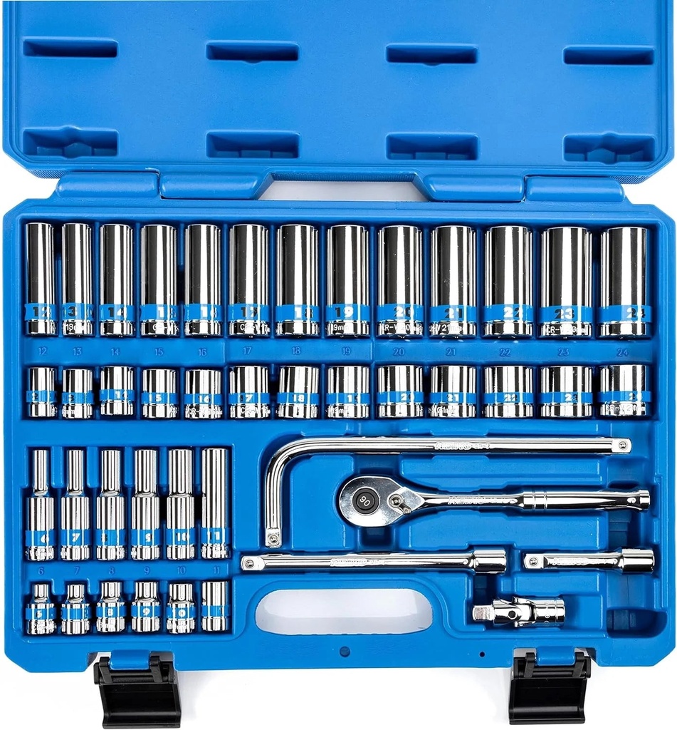 NEIKO 02512A 3/8” Drive Socket Set with Quick Release Ratchet (90 Tooth), 43 Piece Standard and Deep Metric Sizes, 6Mm to 24Mm, 6 Point, Universal Joint, 3/8” Extension Bars, Made with CR-V Steel