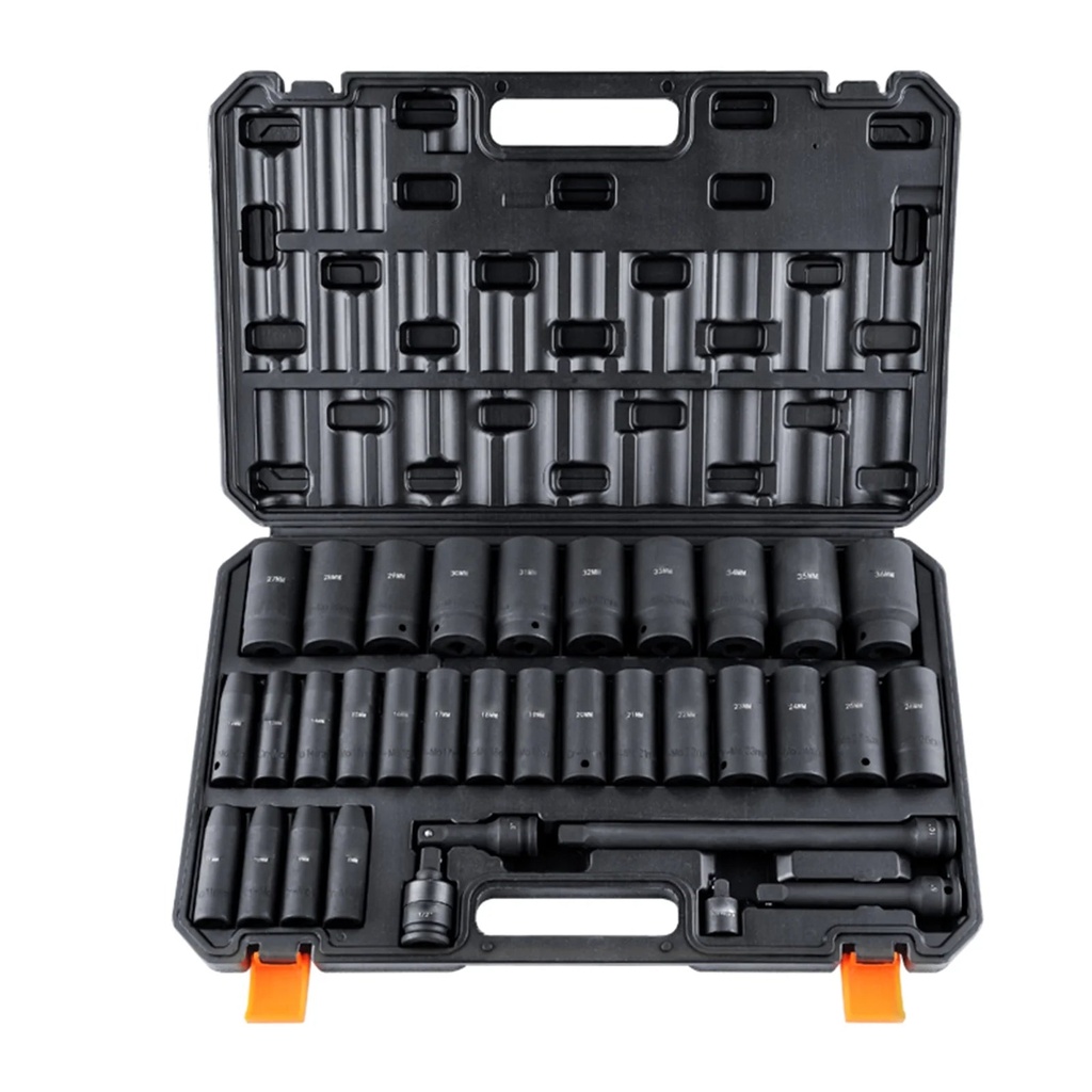 SKYSHALLO 34-Piece 1/2" Drive Deep Impact Socket Set, Metric Sizes 8-36Mm, 6-Point Design, Crafted from Cr-Mo Alloy Steel, Ideal for Automotive Repairs, Comes with Durable Storage Case