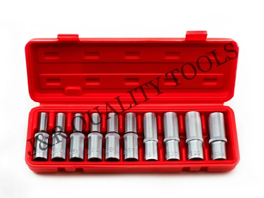 10Pc 1/2" DR Female E Star Deep Socket Torx Auto Tool E10-E24 with Case