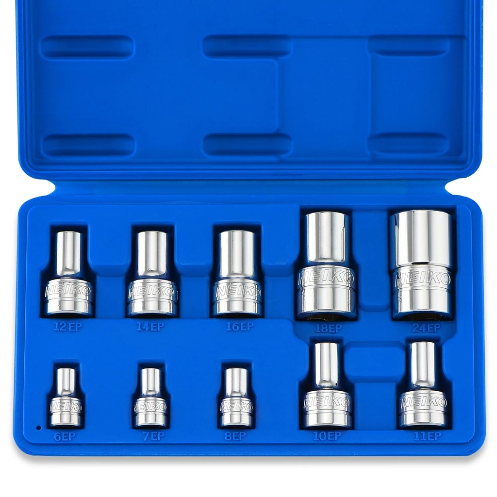 Neiko 02473A External Torx plus Socket Set, 10 Piece | 1/4-Inch EP6 - EP8, 3/8-Inch EP10 - EP16, 1/2-Inch Square Drive EP18 and EP24 | CR-V Steel
