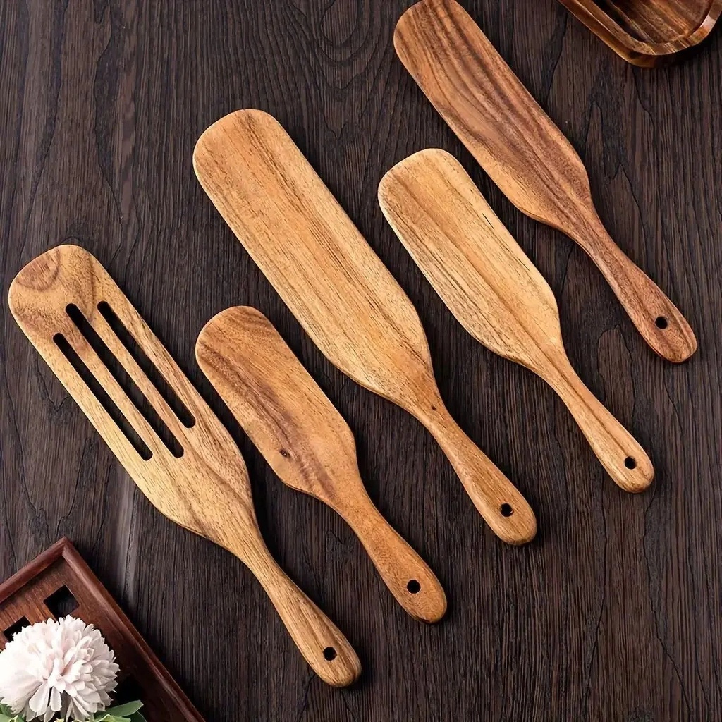 VATENICK 5 Pcs Teak Wooden Spurtle Set,Heat Resistant Nonstick Spatula Set for Cooking and Serving,Mixing, Kitchen Tools