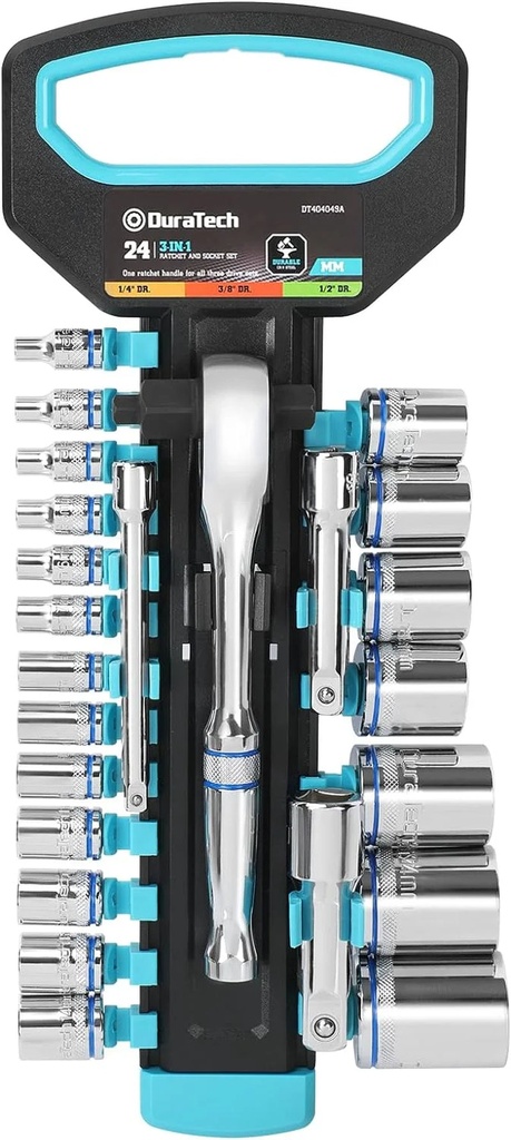 DURATECH 24-Piece 1/4", 3/8", 1/2" Drive Socket Set with 3 in 1 Ratchet Handle, 3 Extensions & 20 Sockets for Auto Repairing and Household, with Storage Rack, METRIC