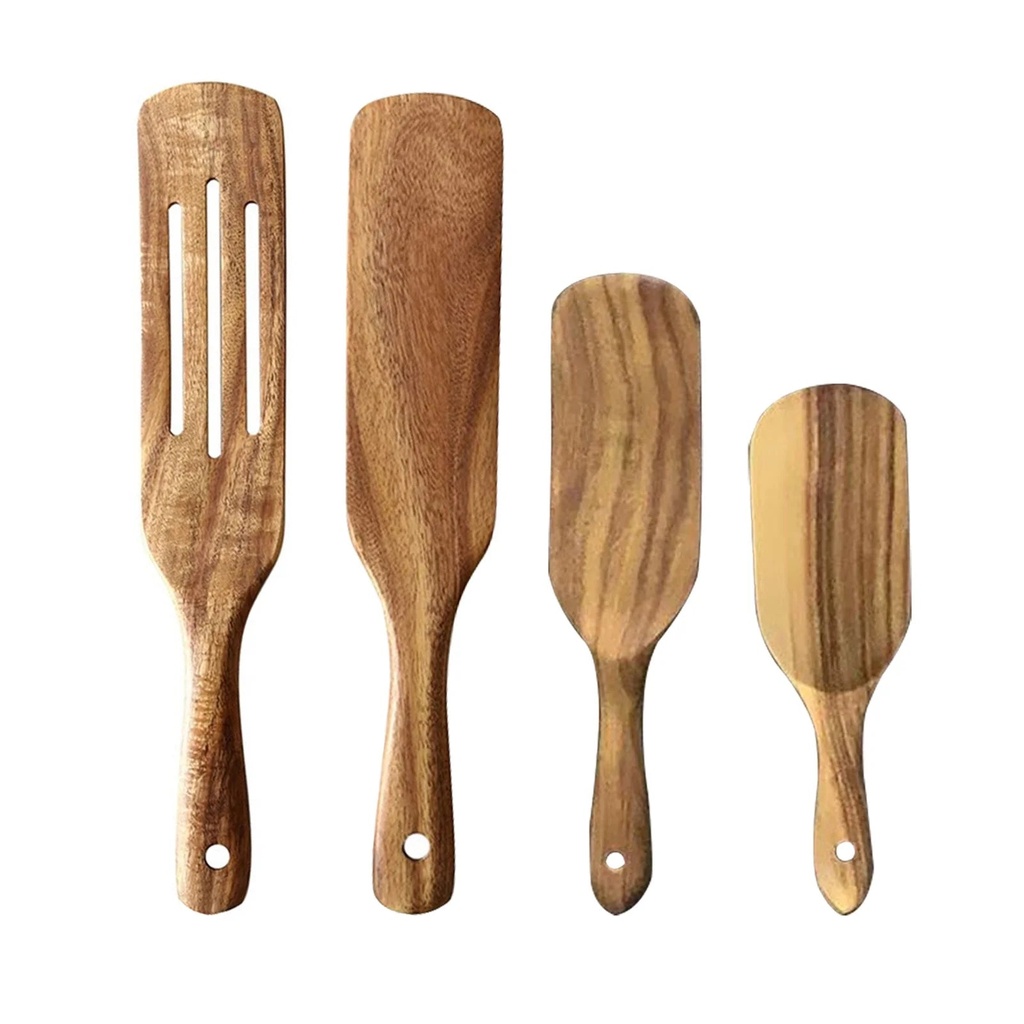 Ludlz Wooden Spurtle Set, 4Pcs Natural Teak Wooden Cooking Utensils Nonstick Cookware with Hanging Hole, Slotted Spurtle Spatula Set for Stirring, Mixing, Serving