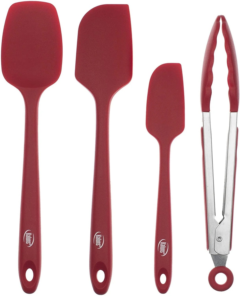 Kaluns 4-Piece Spatula Set Red Includes 3 Silicone Spatulas and One 9" Tong, Rubber Kitchen Tools for Cooking, Baking and Mixing, Strong Stainless Steel Core Design, Non-Stick, 600F Heat Resistant