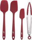 Kaluns 4-Piece Spatula Set Red Includes 3 Silicone Spatulas and One 9" Tong, Rubber Kitchen Tools for Cooking, Baking and Mixing, Strong Stainless Steel Core Design, Non-Stick, 600F Heat Resistant