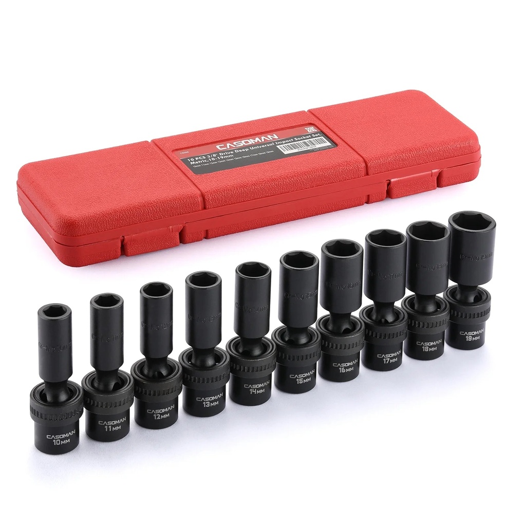 CASOMAN 10 Pcs 3/8" Drive Deep Standard Universal Impact Socket Set, 6 Point, CR-MO, Metric, 10-19Mm