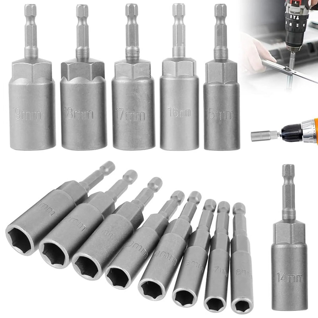 14Pcs Hexagonal Sockets Set, 6-19Mm Deep Socket Adapter Kit Hex Nut Driver Bits Set Quick Change Nut Setter