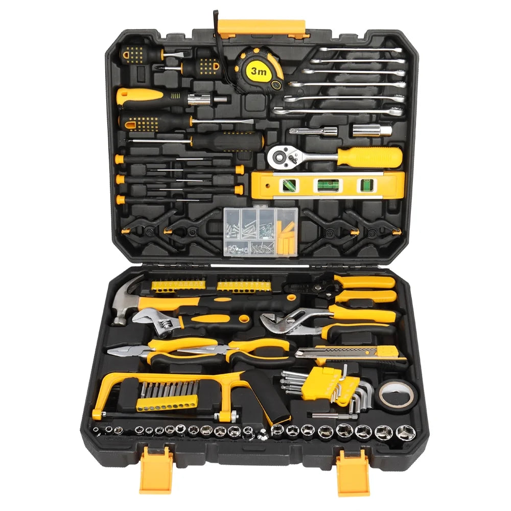 Godecor 198PCS Yellow Hand Tool Set, Common Hand Tool Kit, with Black Case