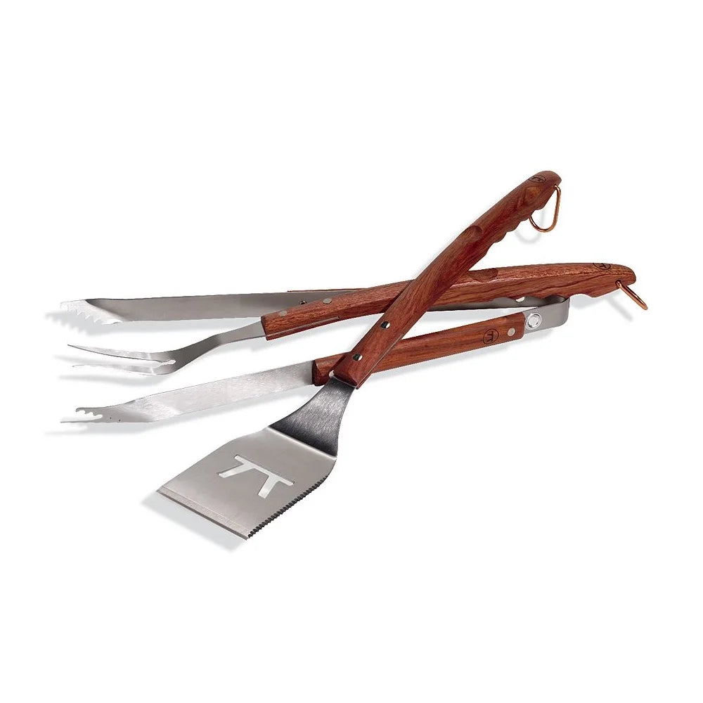 Outset QB00 Rosewood and Stainless Steel 3-Piece Barbeque Set Spatula Fork Tongs