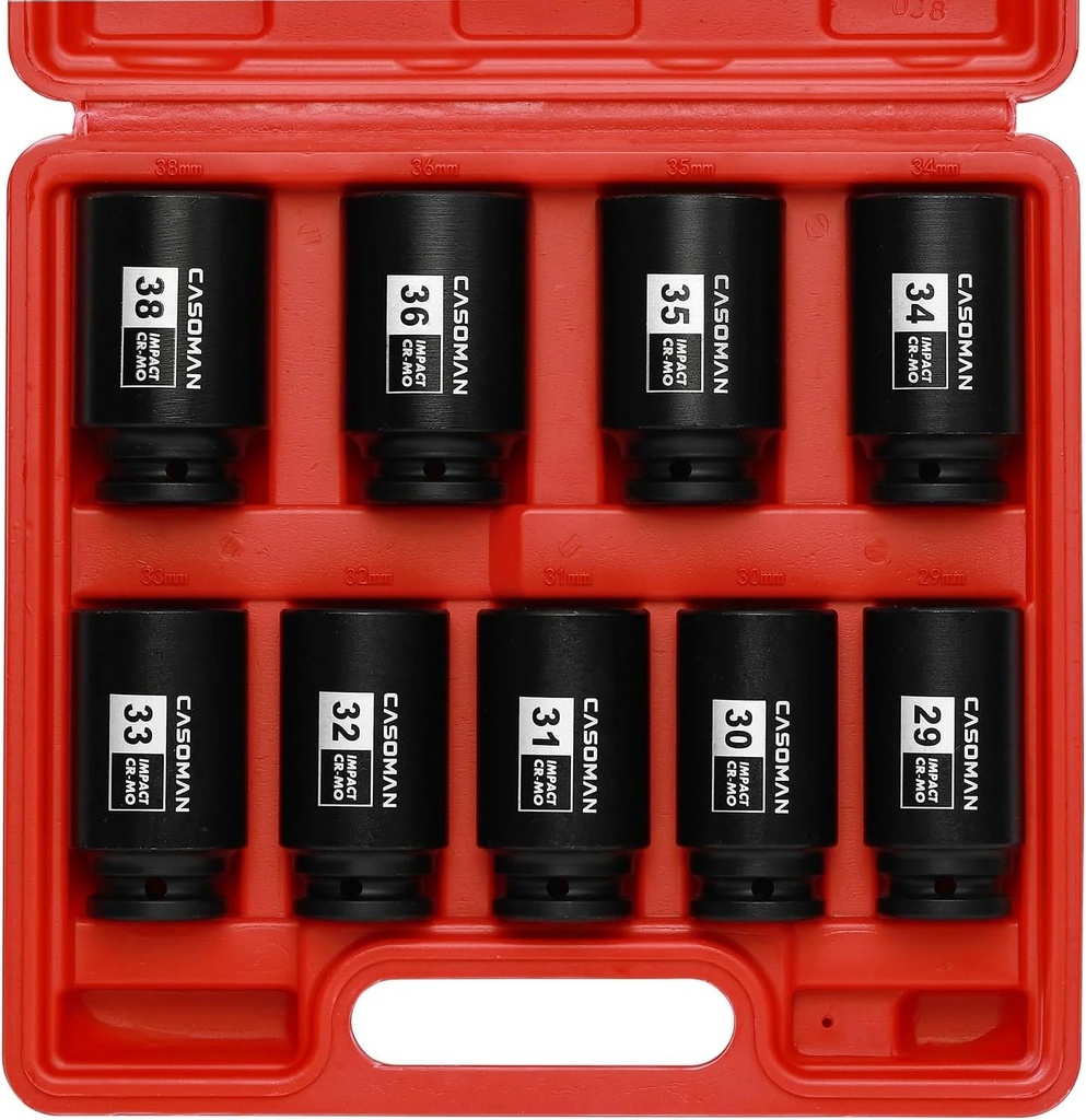 Large Socket Set 1/2- Inch Drive Deep Spindle Axle Nut Impact Socket Set, 6 Point, CR-MO, Metric, 29Mm-38Mm, 9-Piece 1/2" Dr. Deep Impact Socket Set