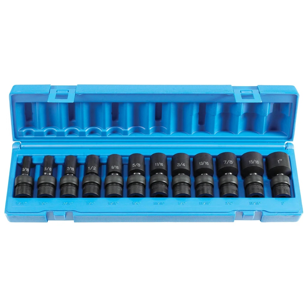 Grey Pneumatic 1212USD 12Pc 3/8" Drive Semi Deep SAE Univ Impact Socket Set