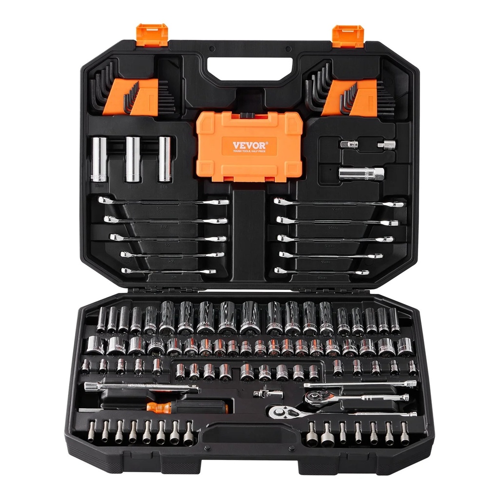 VEVOR Mechanics Tool Set, 145 Pcs with 1/4" and 3/8" Drive Deep and Standard Sockets, SAE and Metric Sizes, Includes Bits, Combination Wrenches, Hex Wrenches, and Accessories in Storage Case