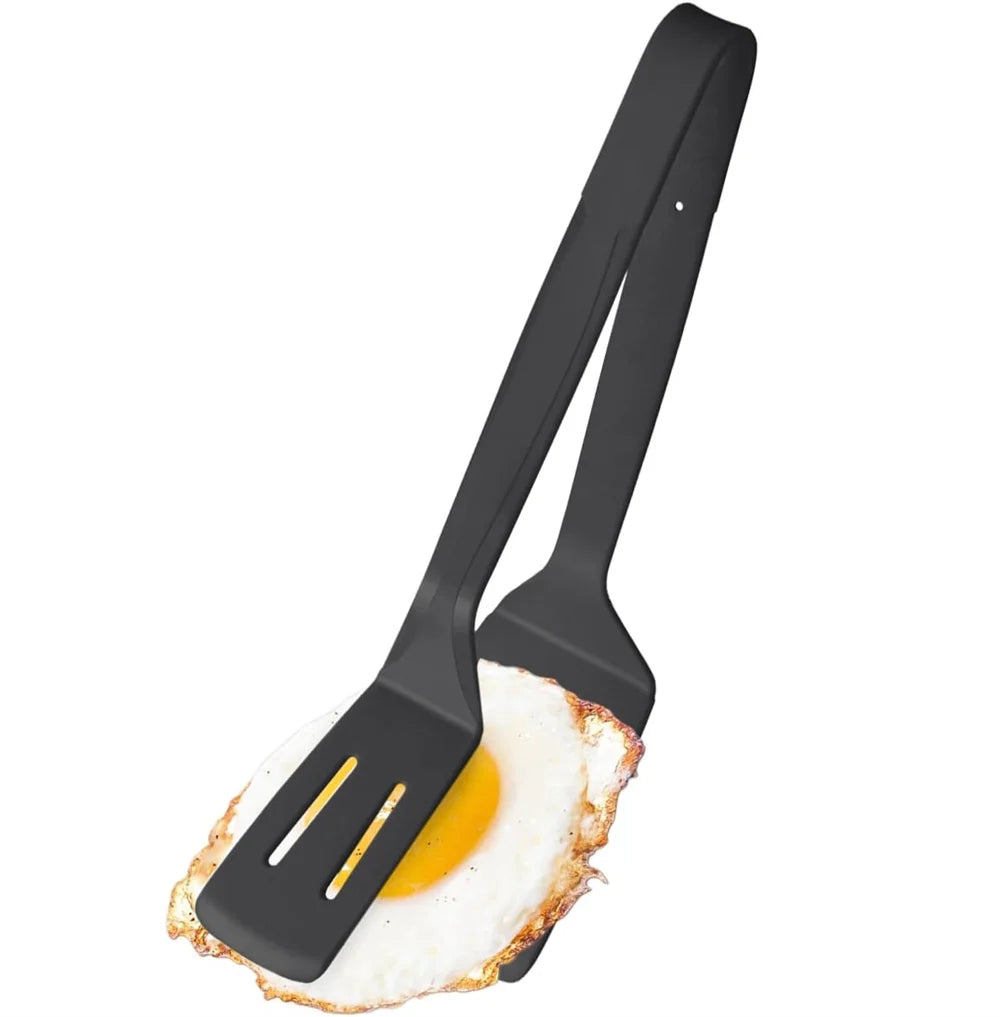 NOGIS 2 in 1 Egg Spatula, Silicone Fried Egg Griptongs, Double Sided Spatula Turner, Multi-Purpose Non-Stick Kitchen Shovel for Bread Fish Pancake Toast (Black)