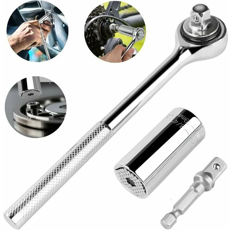 Socket Wrench Universal Socket Wrench Set with Drill Adapter, Compatible with All Types of Nuts - 7Mm to 19Mm, 3 in 1 Multipurpose Ratchet Socket Set